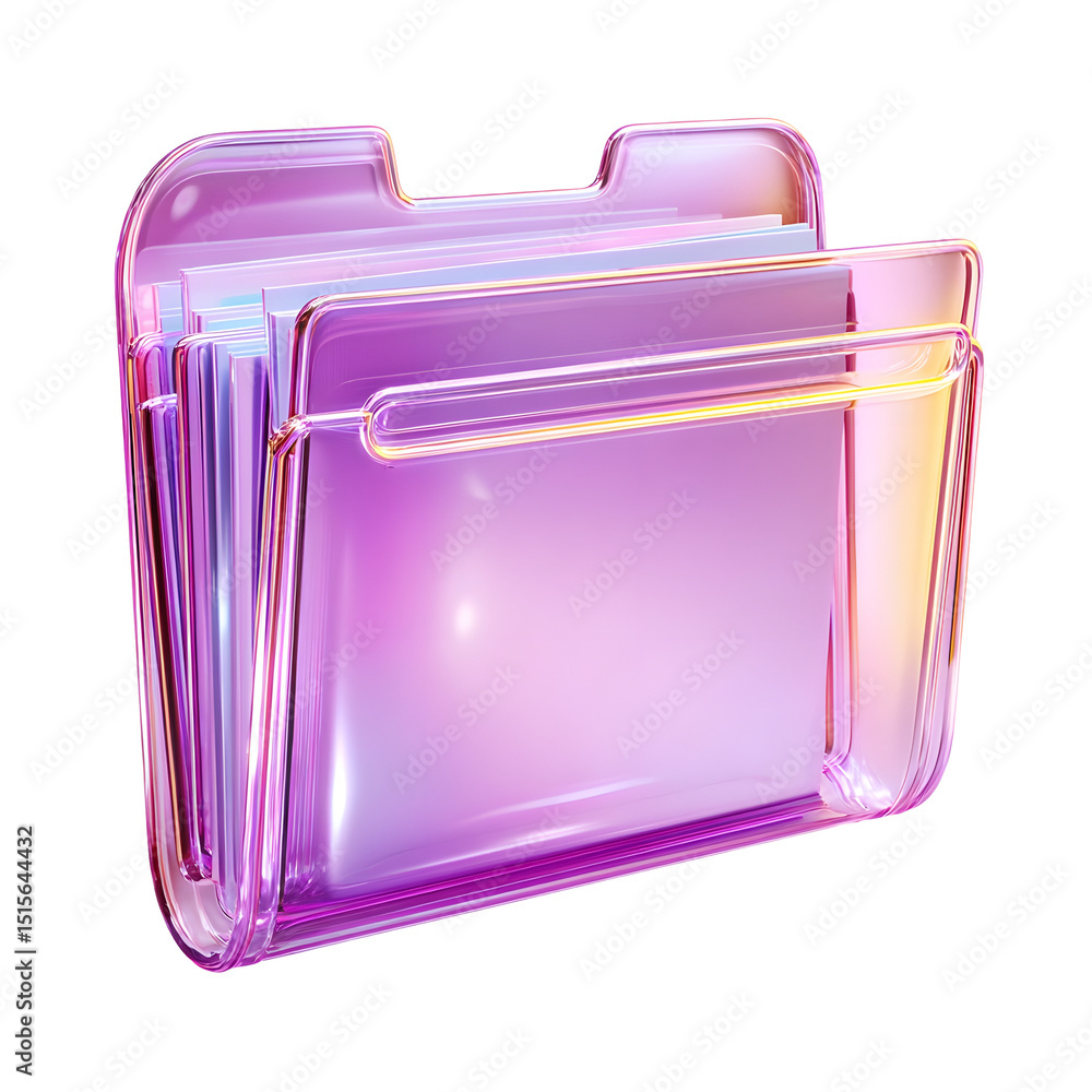 Poster translucent brightly colored 3d folder icon in shades of purple and pink representing a new or added