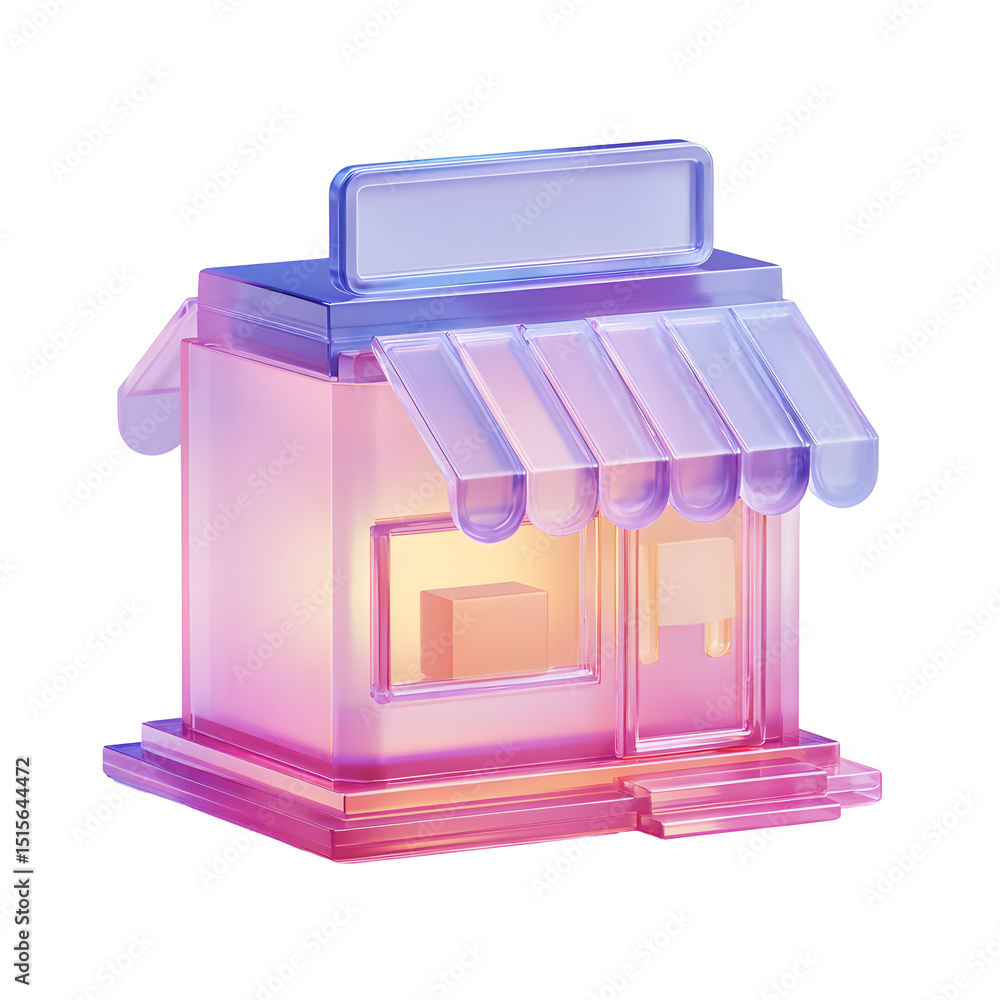 Poster futuristic 3d rendering of a vibrant translucent crystal like shop building in shades of purple and 