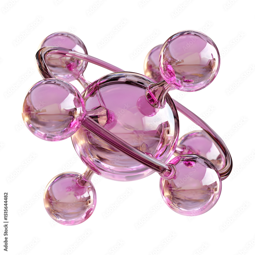 Poster representation of an abstract 3d molecular structure in vibrant pink and purple hues evoking a sense