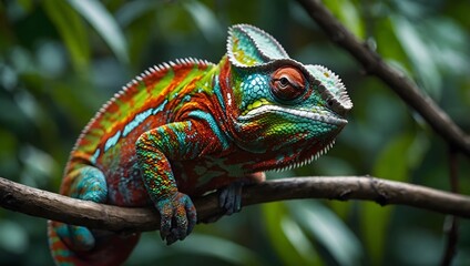 panther chameleon perched on a tree branch