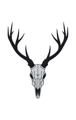 Symmetrical deer skull silhouette with antlers, gothic tattoo vector style, black and white design with tribal influence.
