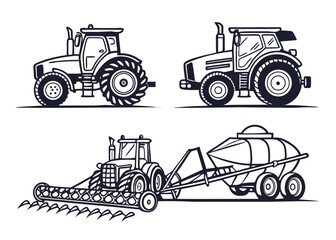 Detailed vector drawings of essential farm vehicles, representing the strength and precision behind today’s large-scale agricultural productivity.