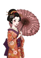 A stylized Japanese geisha holding a wagasa umbrella with cherry blossom accents, centered on a white background
