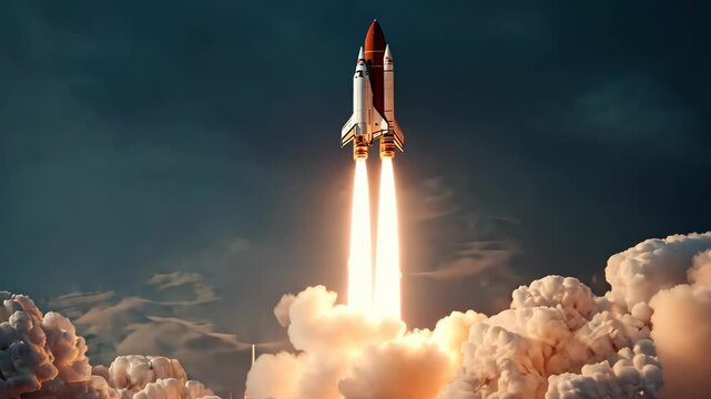 Pixel Art Style Rocket Launching Amidst Dark Storm Clouds and Fire