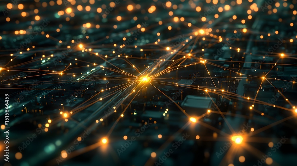 Poster complex network of interconnected nodes with glowing connections.