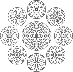 Intricate geometric floral mandala with symmetrical, ornate black and white line art design.





