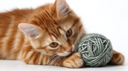 Ginger kitten playing with ball of yarn