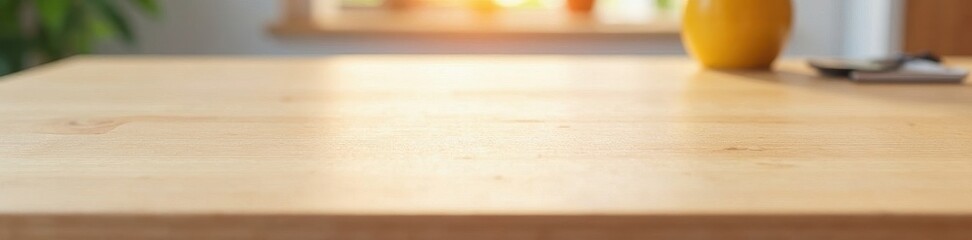 Close-up of a smooth, light-colored wooden desktop, photography, bright