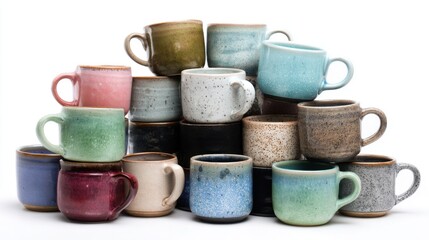 Stacked colorful ceramic mugs