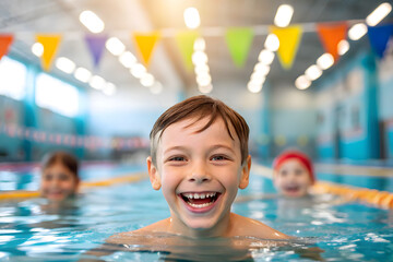 Diverse young children enjoying swimming lessons in pool