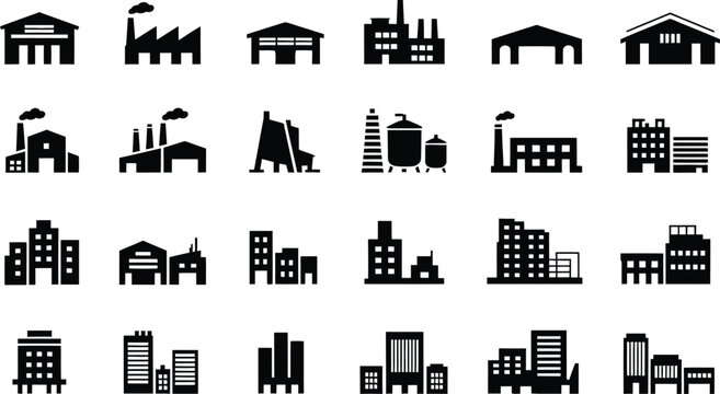 A collection of black and white vector illustrations depicting industrial buildings factories warehouses and cityscapes in a simple icon style