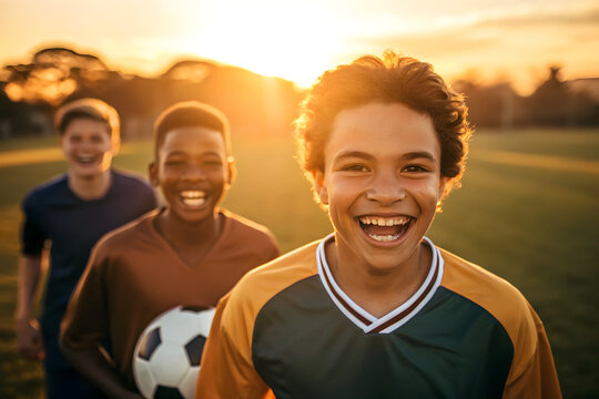 Teenage boys playing soccer, celebrating victory