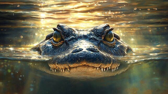 Nile crocodile lurking beneath the murky river surface only its eyes and snout visible intense dramatic lighting photorealistic textures