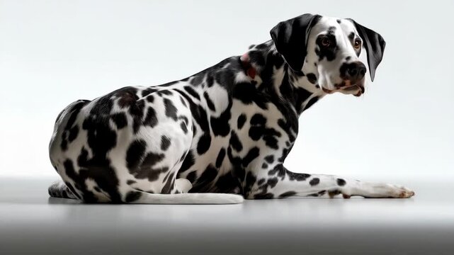 Dalmatian dog lying down calmly in studio with black and white spotted fur, looking off to the side with inquisitive expression