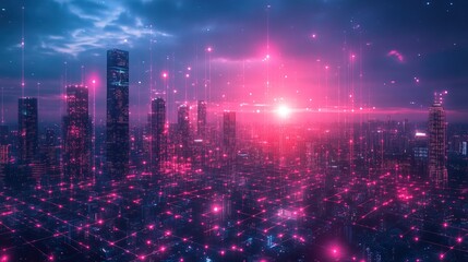 Obraz premium A futuristic city where all business transactions are powered by glowing crypto