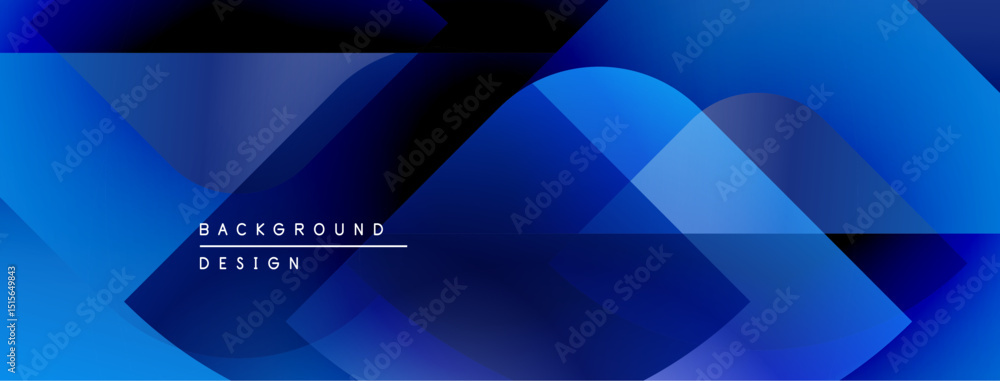 Poster Abstract blue geometric shapes overlap. Modern design features gradients, layers, dynamic composition. Suitable background for presentations, websites.
