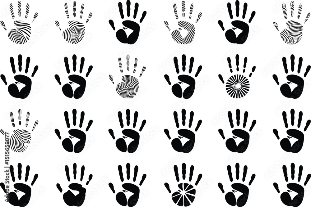 Poster diverse handprints with various designs featuring fingerprints, bold black prints and unique radial 