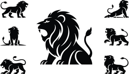 Fototapeta premium Vector illustration collection of powerful roaring lions in silhouette poses suitable for logos emblems and branding design projects.