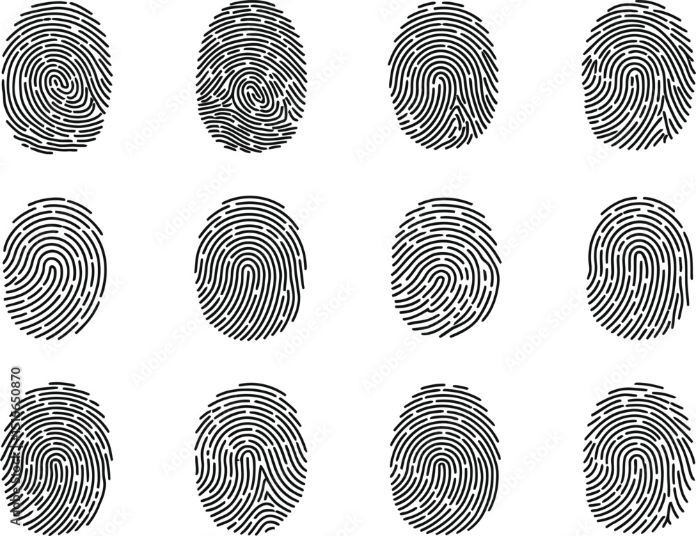 Poster collection of twelve unique fingerprint illustrations in black featuring diverse swirl patterns and 