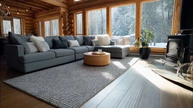 Interior view of a cozy log cabin living room with a large gray sectional sofa, area rug, and bright sunlight shining through the winter landscape, creating a warm, inviting atmosphere.