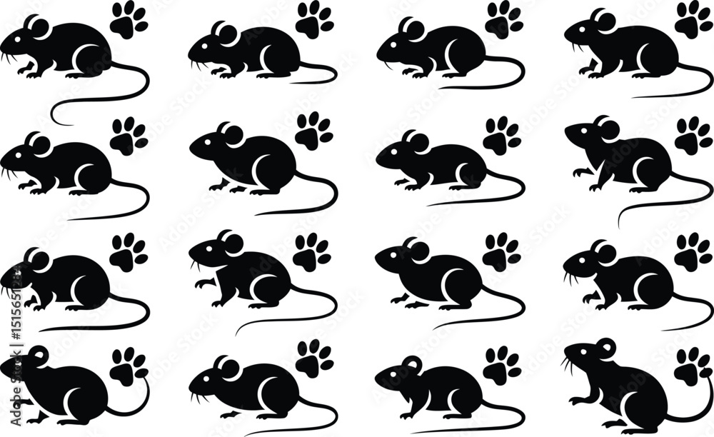 Poster silhouette illustration featuring multiple cartoon mice and paw prints in a repeating pattern displa