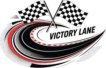 A dynamic vector illustration depicting the victory lane with checkered flags and a race track curve design for automotive motorsports themes.