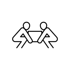 Team lifting heavy object icon. Simple outline style. Lift, box, heavy, carry, man, person, movers, people, teamwork concept. Thin line symbol. Vector illustration isolated.