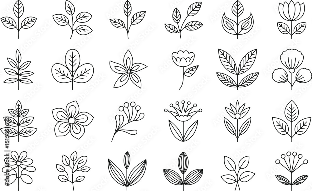 Aufkleber decorative floral and leaf outline elements in minimalist black and white design for creating elegan