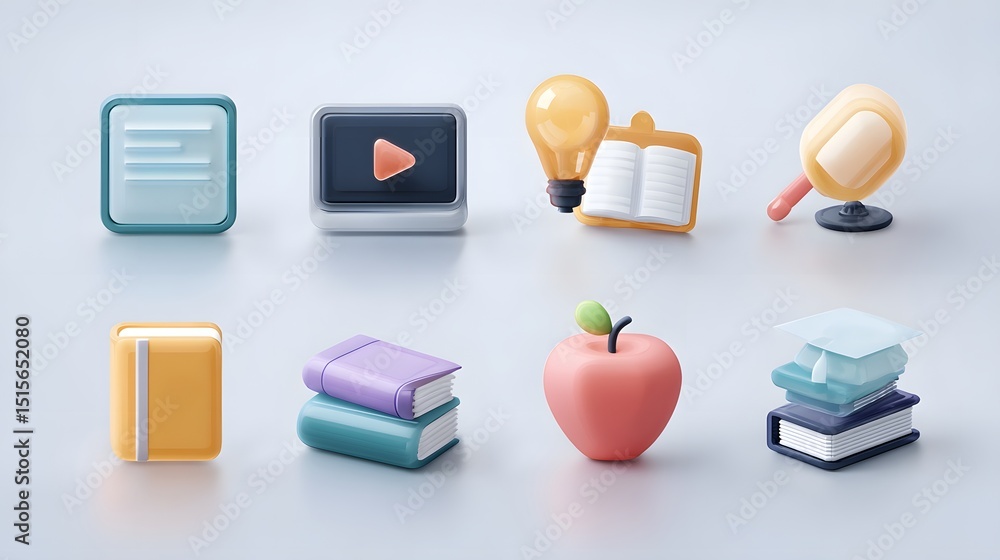 Poster A set of clean and friendly 3D icons representing various aspects of education learning and online courses including elearning video tutorials knowledge resources school and university settings