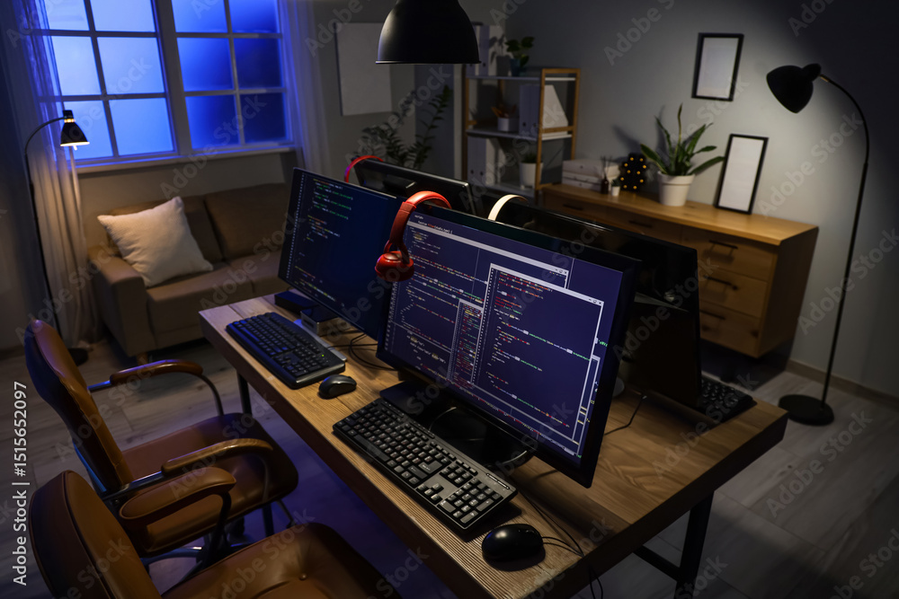 Poster programmer's desk with computer monitors and glowing lamps in dark office at night