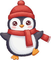 Cartoon Kawaii Penguin Wearing Red Knit Hat and Scarf in Winter