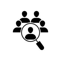 We are hiring, search for job icon. Simple glyph style. Hire, talent, employee, recruit, staff, employer, vacancy, choose, people, business concept. Solid symbol. Vector illustration isolated.