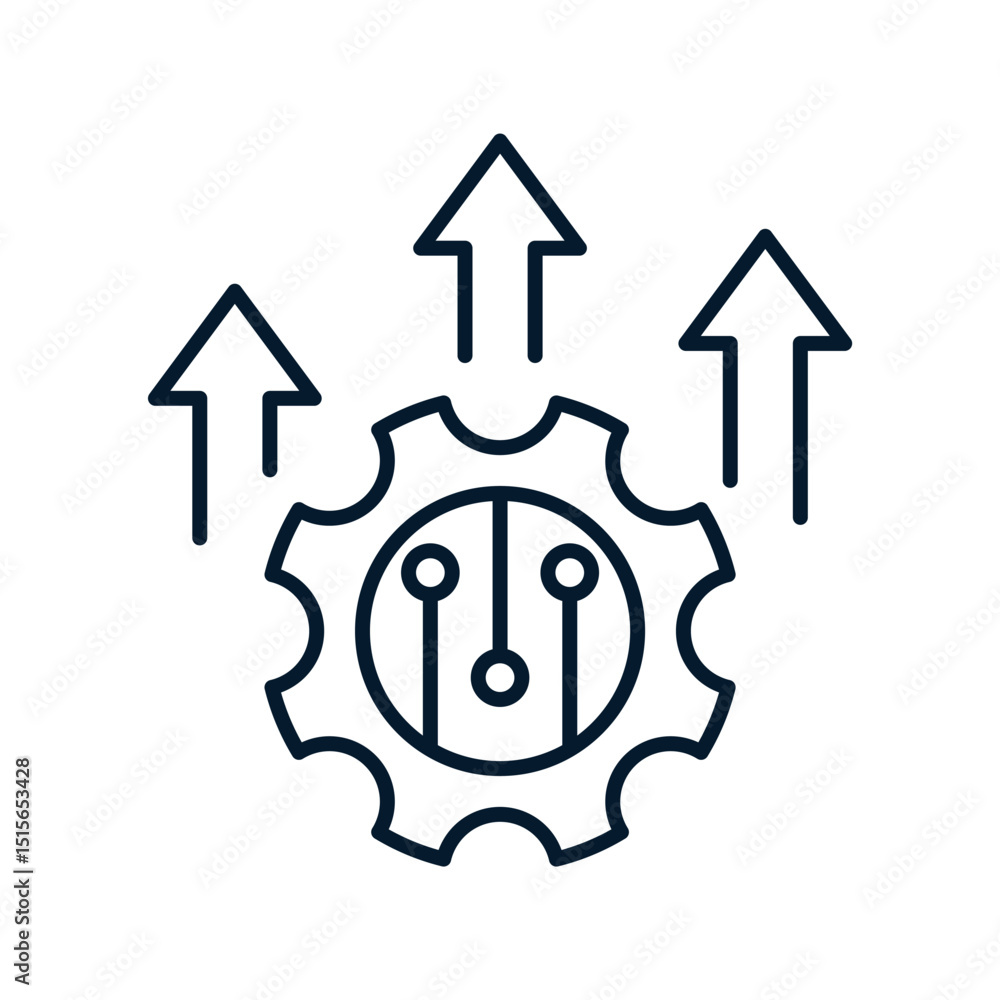 Poster concept of implementation of software systems. vector linear icon isolated on white background.