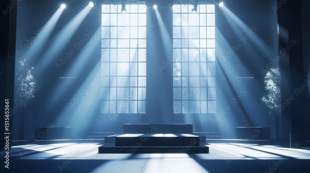 Poster sunlight streams through large windows in a dimly lit hall.