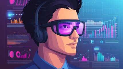 Futuristic Headshot of Man with VR Glasses and Data Visualization