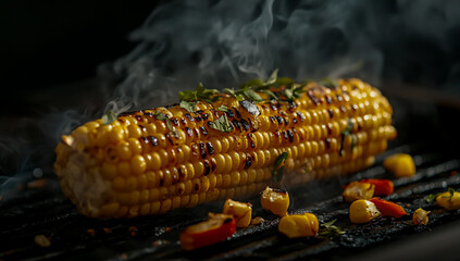 Perfectly roasted corn cobs, garnished with fresh aromatic herbs, have a gentle wisp of smoke rising from the hot grill surface, creating a mouthwatering smoky flavor.