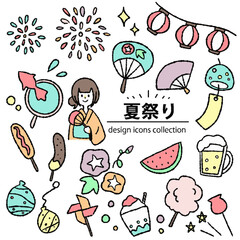 夏祭りのの手描きアイコン素材｜花火・夜店・縁日のイラストセット	