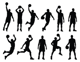Set of basketball players silhouettes in action vector illustration isolated on white background