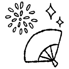 アナログ風手描きの扇・花火の線画アイコン素材｜夏祭り・縁日のイラストセット