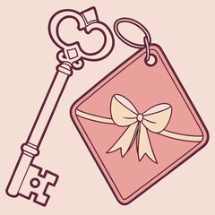 Elegant Vintage Key and Pink Gift Tag with Decorative Bow