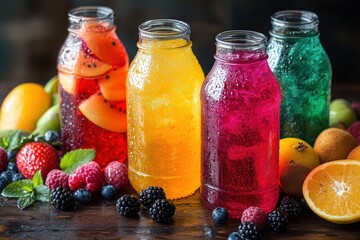 Colorful Sports Drink Bottles Among Fresh Fruit