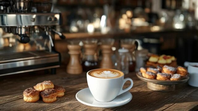 Coffee and Croissants in Cafe: A tempting selection of a coffee and pastries is artfully arranged on the rustic counter of a cozy caf&eacute;.