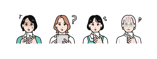 スマートフォンやタブレット端末を見て困る4人のミドル女性のシンプルなベクターイラストセット