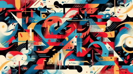 Vibrant abstract composition of geometric shapes and color palettes
