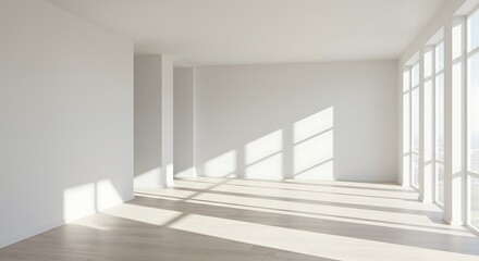 Fototapeta premium empty interior room shadow wall space background mock up architecture sunlight. empty home modern window light floor design apartment white house indoor