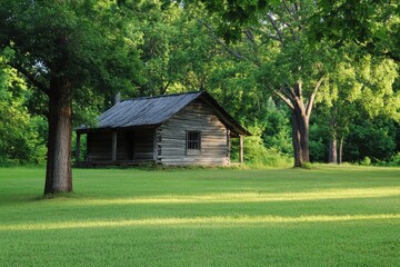Rustic wooden cabin nestled in a serene grassy field surrounded by lush green trees, Old wooden cabin surrounded by trees in grassy field, showcasing rustic charm