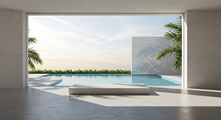 Summer tropical background with swimming pool water and plaster podium stage with palm leaf shadow