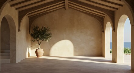 Olive tree shadow on beige rustic wall with clay pot. Summer mediterranean traditional home architecture design, neutral aesthetic