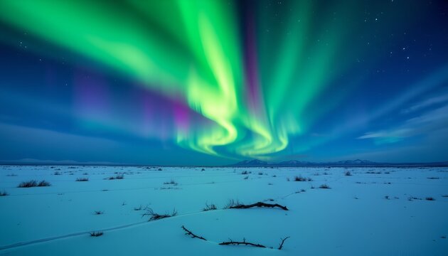 northern lights over a frozen tundra, vibrant aurora borealis in the night sky, silent snow covered field, magical arctic atmosphere.