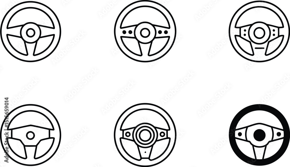 Poster set of six minimalist steering wheel vector illustrations in a simple outline style perfect for auto